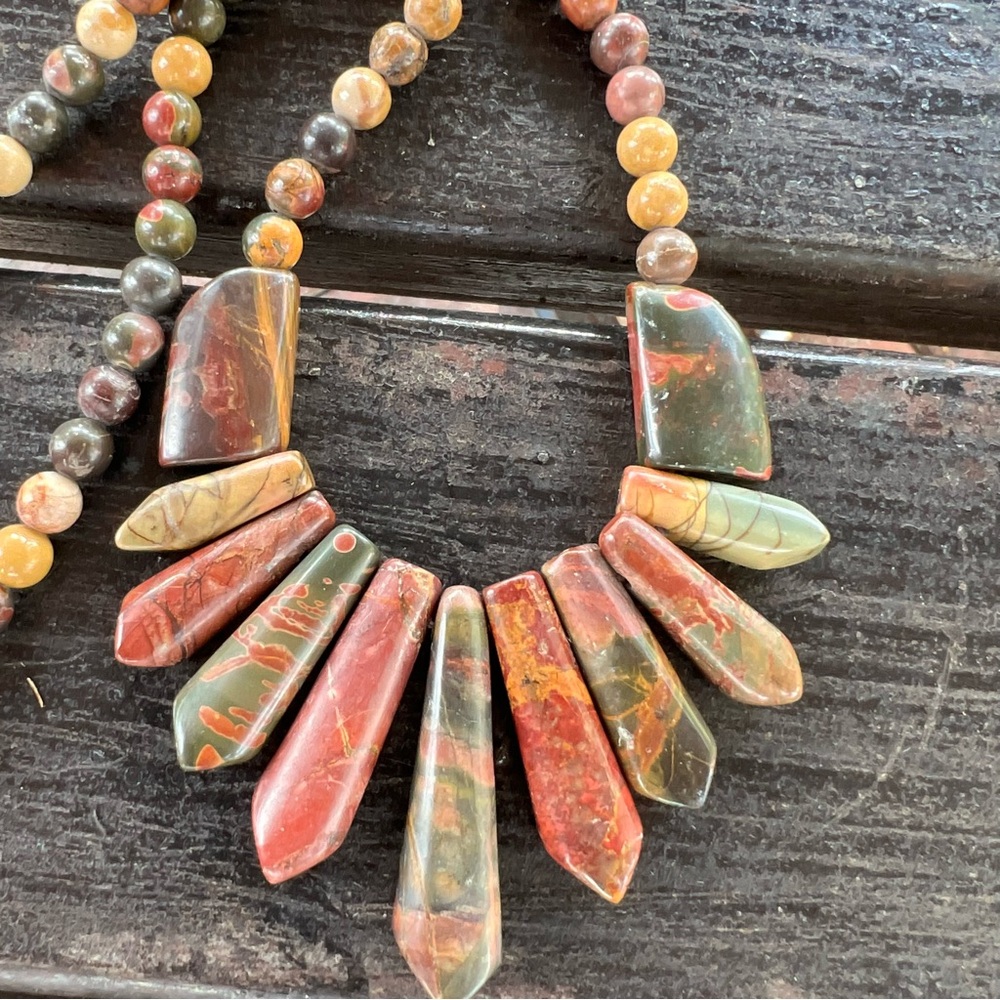 VTG 18” Jasper Semi-Precious Gemstone Bib Necklace Boho Bold Statement Necklace